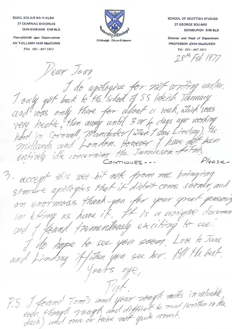 Letter Pat Shaw to Joan Flett Feb 1977